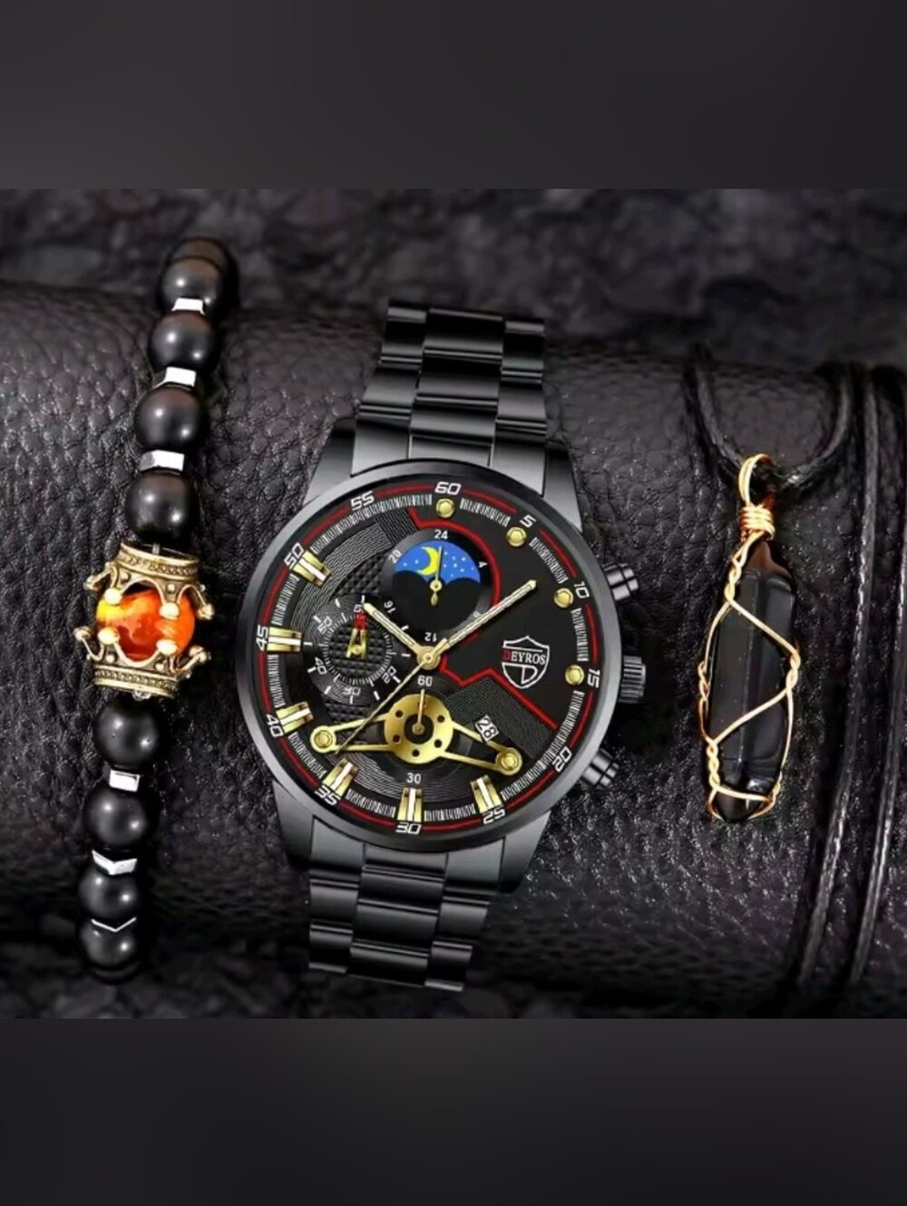 😎Men's Black 3pc Set - Chronograph Watch, Necklace, Bracelet with Gold Accents